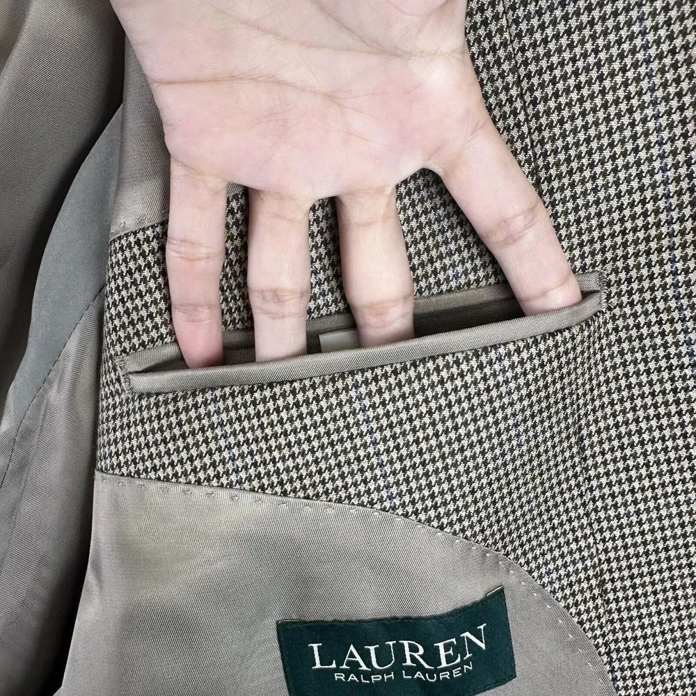 Ralph Lauren LRL 48R Houndstooth Plaid Blazer Men Light Brown Sport Coat  Career